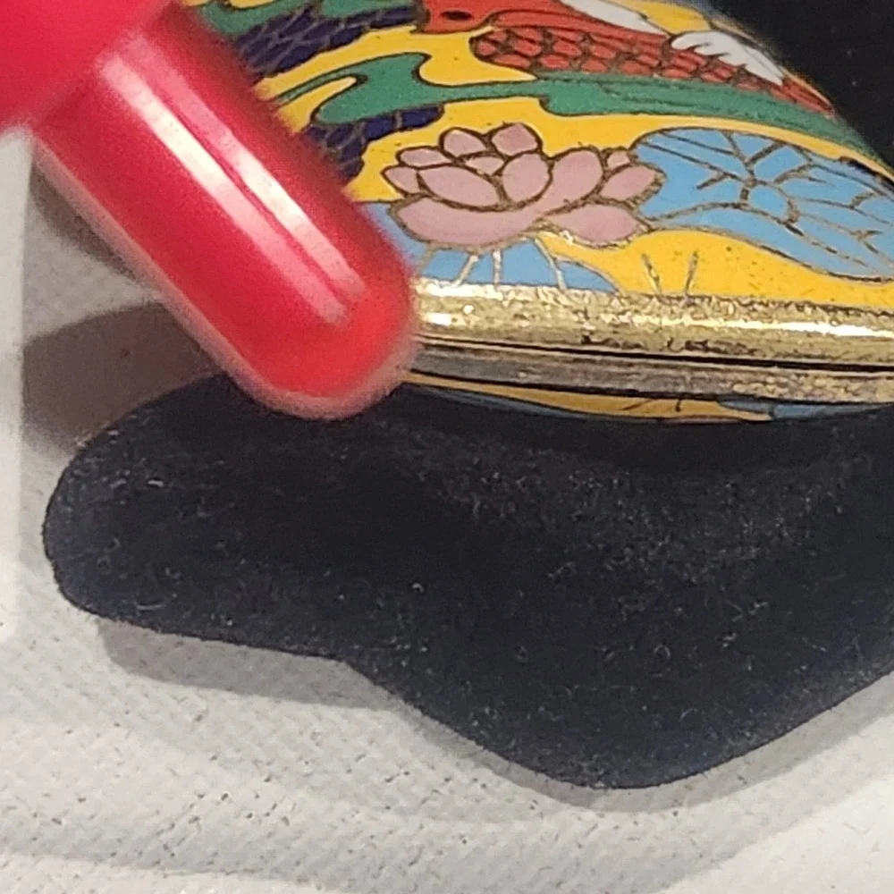 Vintage Cloisonne Locket Pendant Mandarin Duck Lotus Yellow Gold Tone - Picture 8 of 13